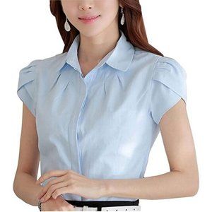 𝅺WOMEN'S Cotton Collared Pleated Tulip Sleeve Blouses Light Blue